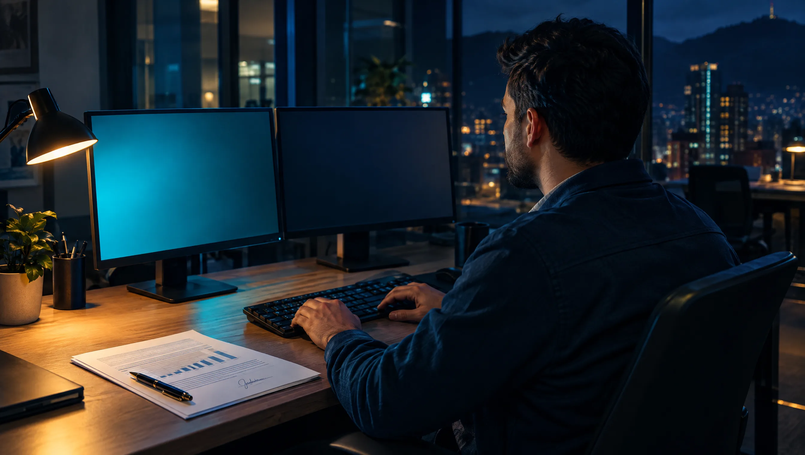Un especialista trabaja de noche frente a dos monitores, uno con resplandor cian; junto al teclado, un informe mensual impreso y firmado, y por el ventanal, las luces de Bogotá.