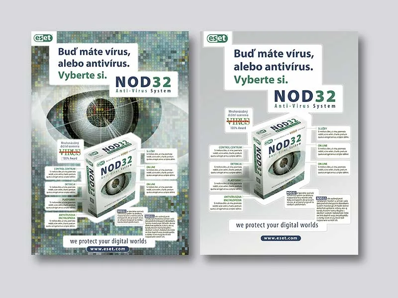 Dos versiones de un aviso de revista con el titular «Buď máte vírus, alebo antivírus. Vyberte si.», la caja del producto y el sello de Virus Bulletin.