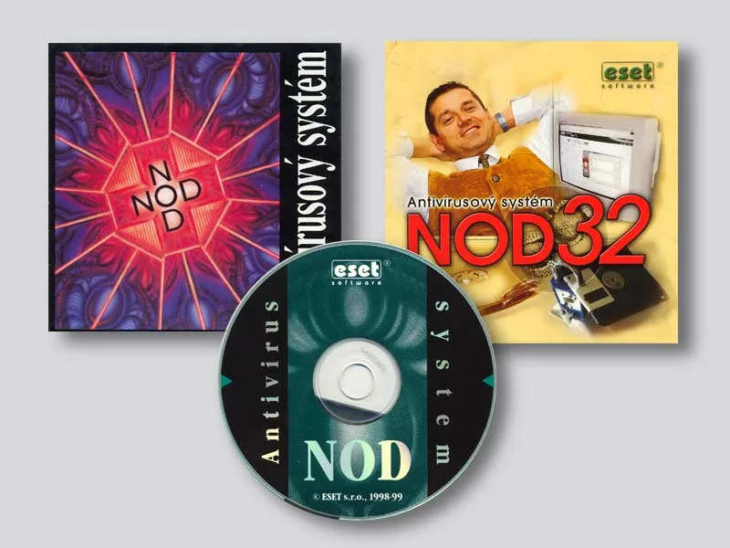 Cajas de «NOD antivírusový systém» y «NOD32», junto al CD con la etiqueta «NOD © ESET s.r.o., 1998-99».