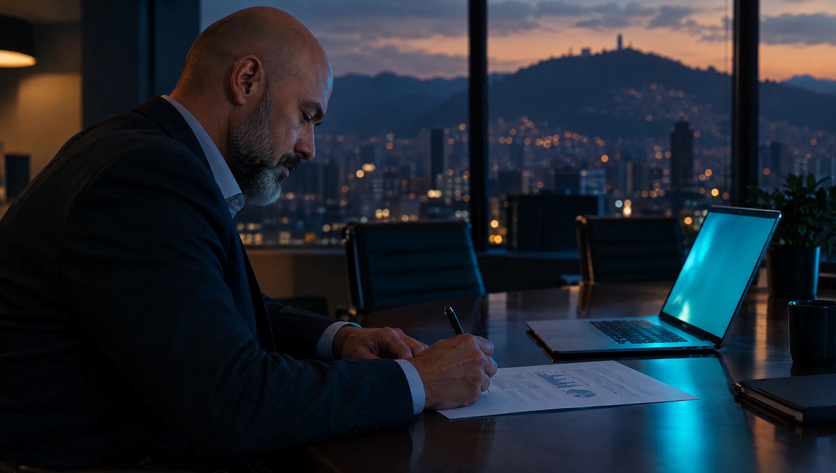 Un hombre calvo y de barba canosa firma un informe mensual impreso junto a su portátil, con la ciudad y los cerros iluminados al atardecer por el ventanal.