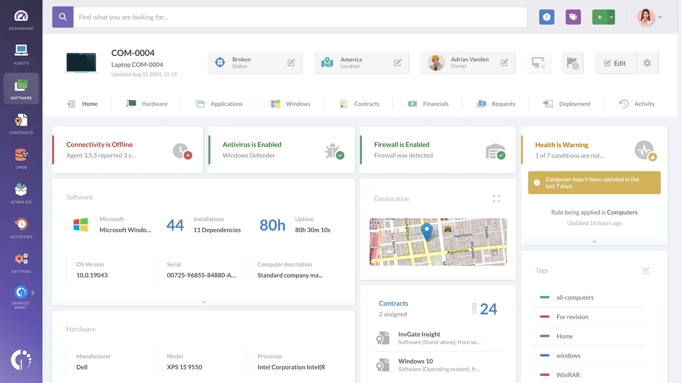 Ficha de un activo en InvGate Asset Management con sus datos de inventario, en una captura del fabricante con datos de demostración.