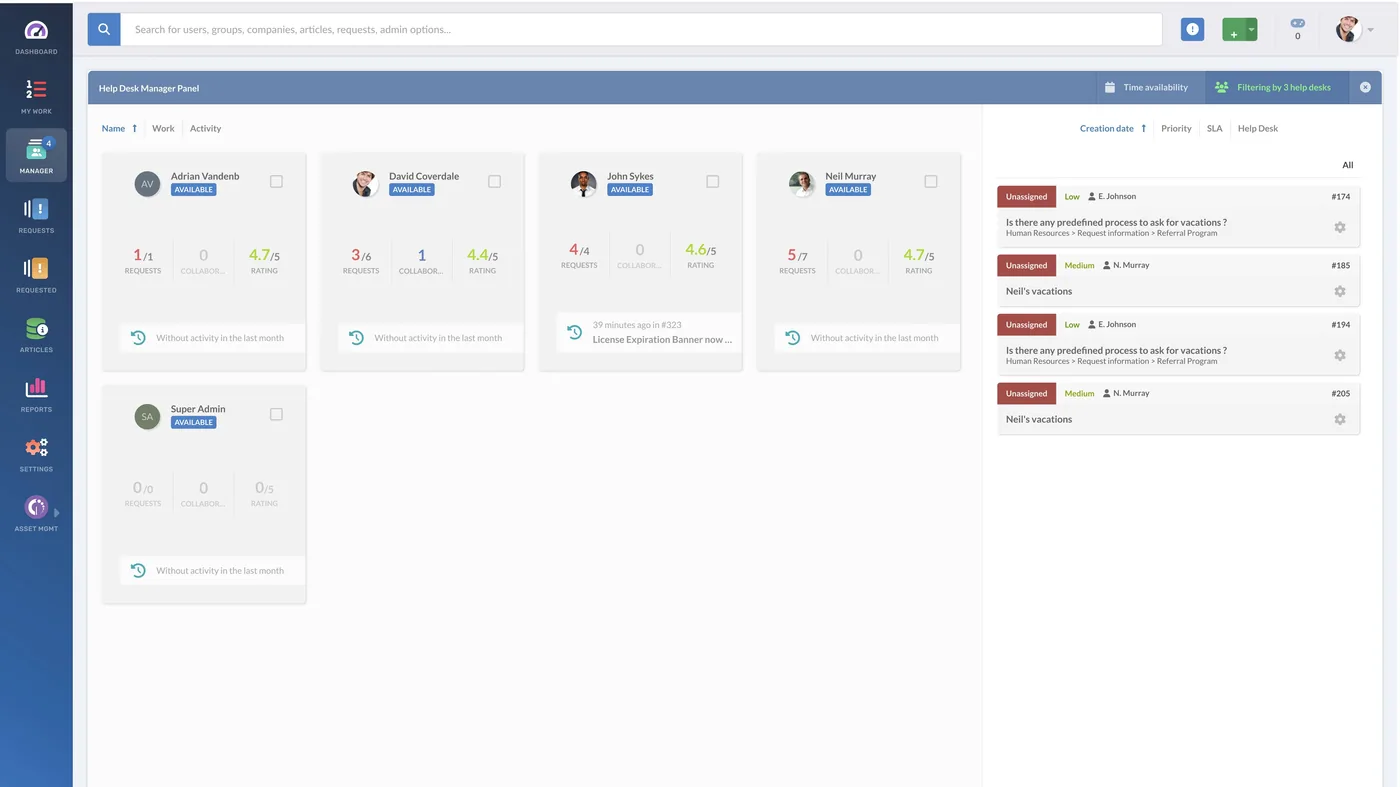 Bandeja de gestión de solicitudes de InvGate Service Management, con cada caso en su fila con estado y responsable, en una captura del fabricante con datos de demostración.