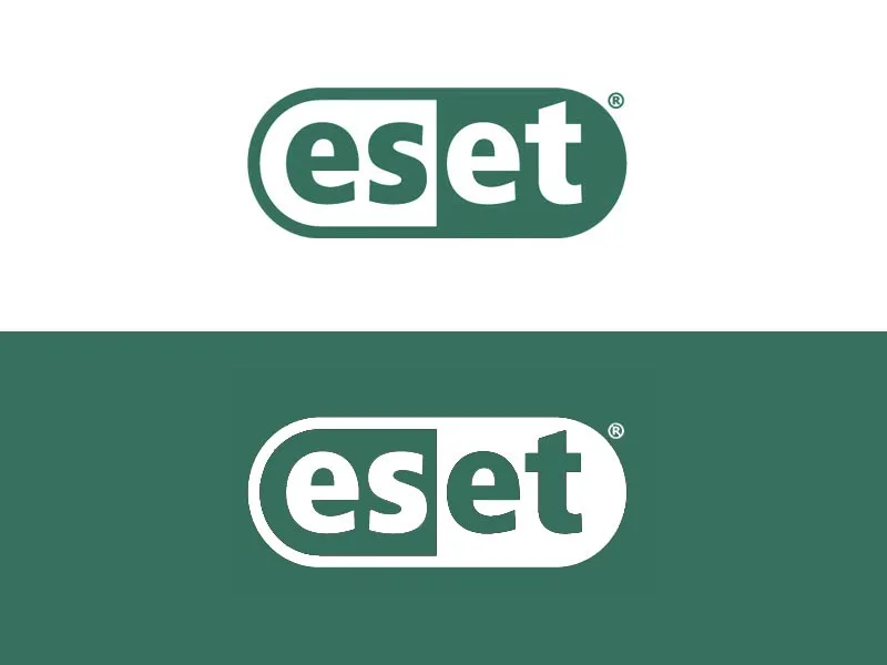 Logotipo «eset» en cápsula verde oscuro, sobre fondo blanco y sobre fondo verde.