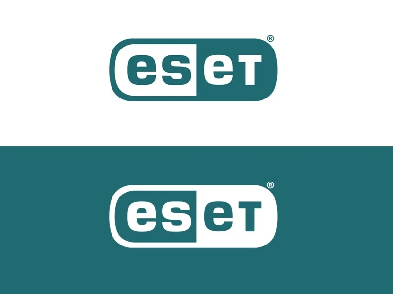 Logotipo «eseT» en cápsula verde petróleo, en versión sobre blanco y sobre fondo del mismo tono.