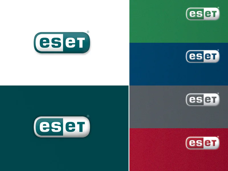 Logotipo «eseT» en cápsula plateada metálica, con cinco variantes de color en franjas.