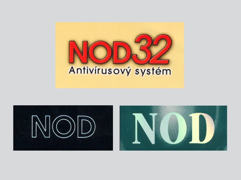 Logotipo «NOD32 Antivírusový systém» en rojo sobre amarillo, junto a dos variantes tipográficas de «NOD».