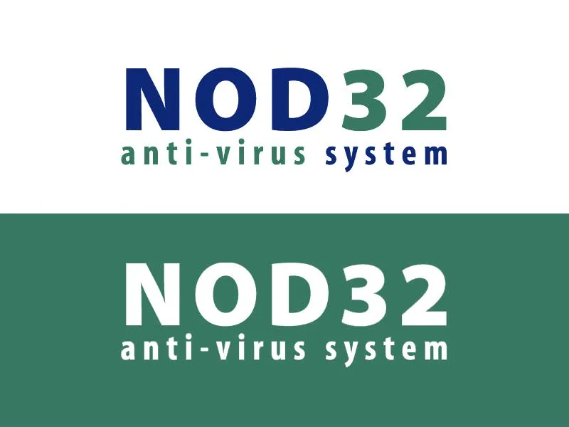 Logotipo «NOD32 anti-virus system» en azul y verde, sobre blanco y en versión invertida sobre verde.
