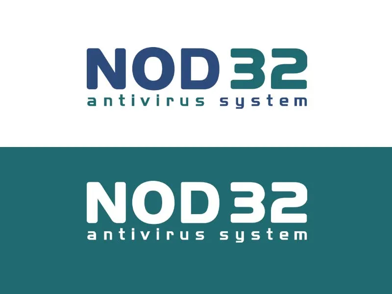 Logotipo «NOD32 antivirus system» con tipografía redondeada en azul y verde petróleo.