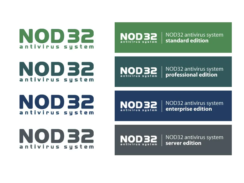Cuatro variantes de color del logotipo «NOD32 antivirus system» con sus nombres de edición: standard, professional, enterprise y server.