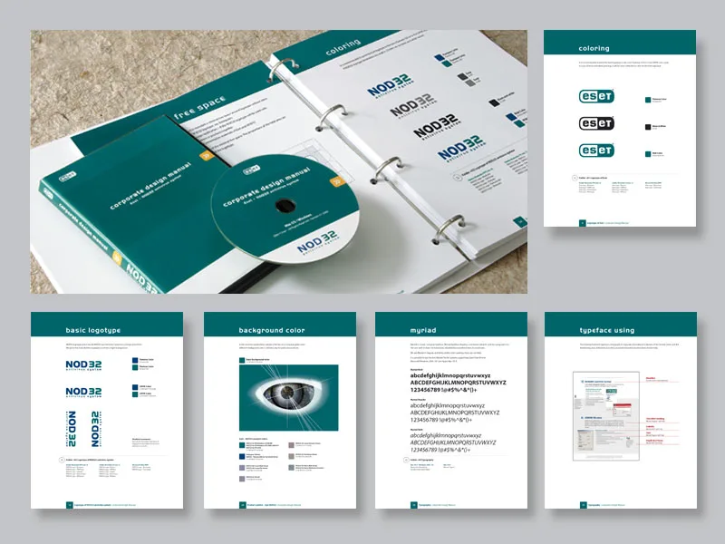 Manual de identidad corporativa abierto, con su CD y sus páginas de reglas de color, tipografía y aplicación del logotipo.