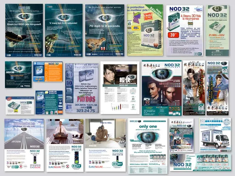 Mosaico de más de veinte piezas publicitarias de NOD32 en distintos idiomas: afiches, banners y volantes de campañas de los años dos mil.