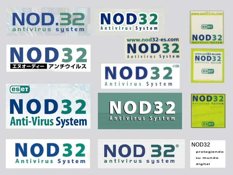 Mosaico de logotipos de NOD32 usados por distribuidores de distintos países, incluida una versión en japonés y otra con el lema «NOD32 protegiendo su mundo digital».