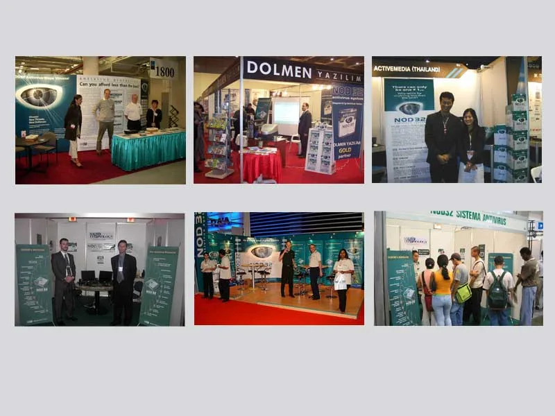 Seis fotografías de stands de ferias de distribuidores de NOD32 en distintos países, con su personal atendiendo visitantes.