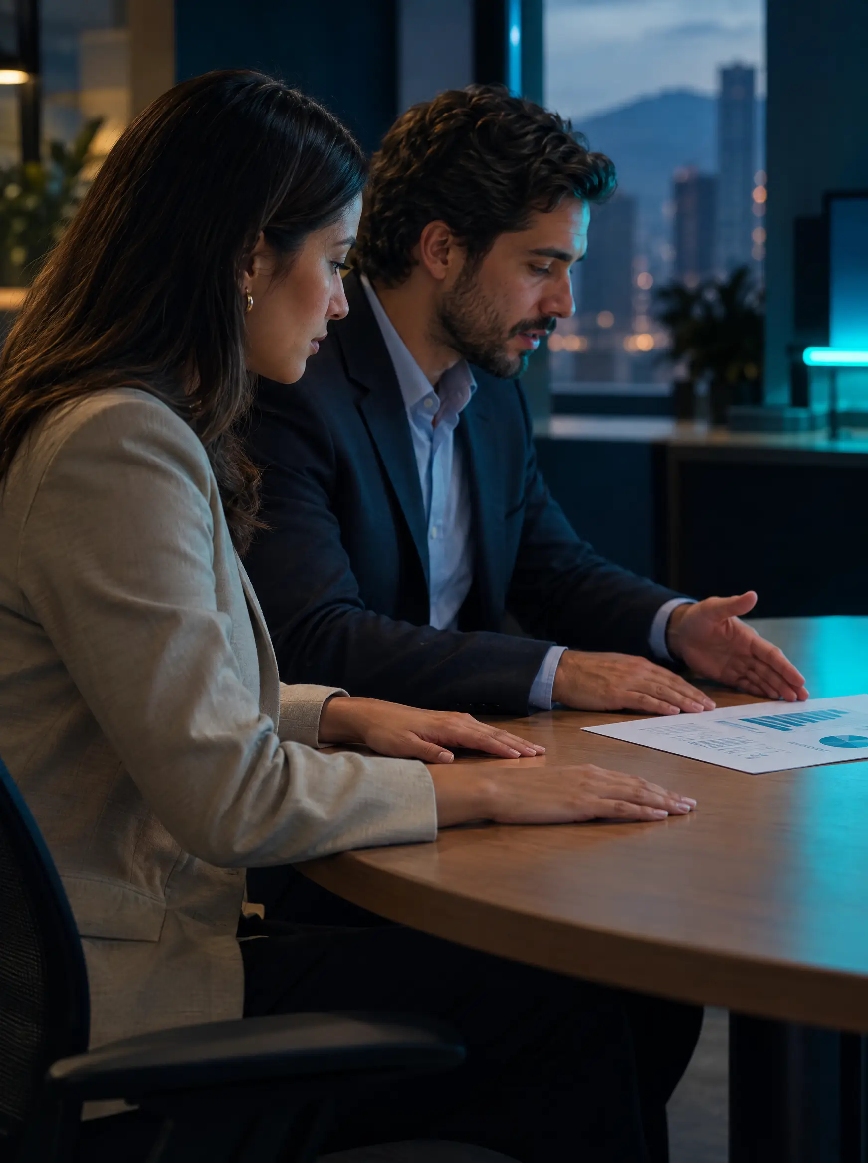 Dos personas revisan un informe impreso en una mesa de reunión