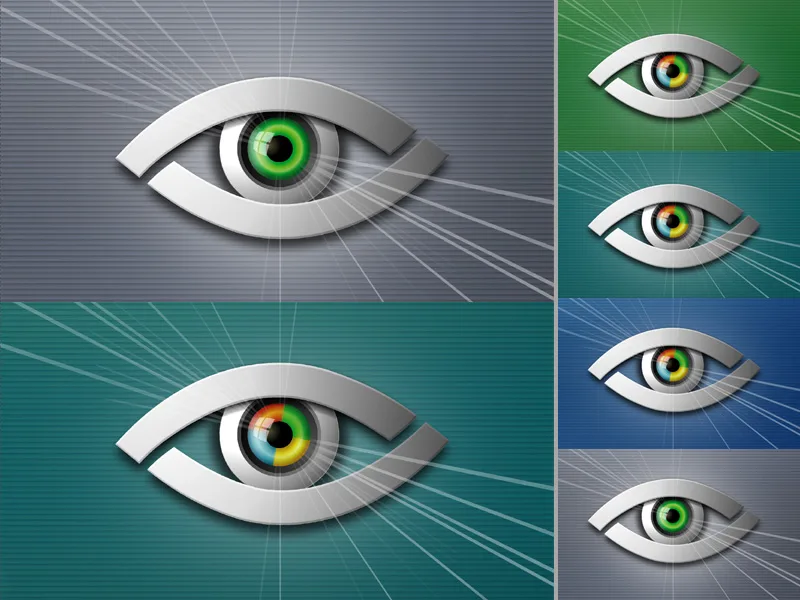Seis variantes de color del símbolo del ojo, en versión cromada con iris multicolor, sobre fondos gris, verde, azul y turquesa.