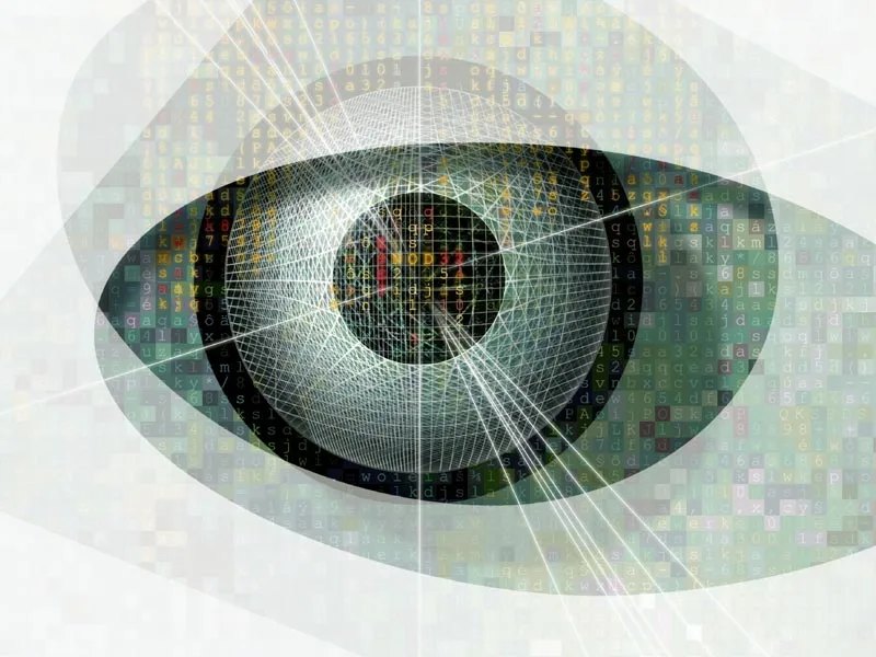 Símbolo de un ojo digital estilizado sobre una trama de caracteres alfanuméricos de colores, con líneas de mira convergiendo en la pupila.