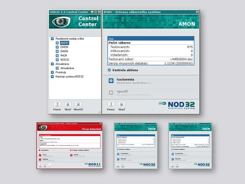 Capturas del «NOD32 2.5 Control Center» y del módulo AMON, con una alerta roja de virus detectado y los paneles EMON y DMON.