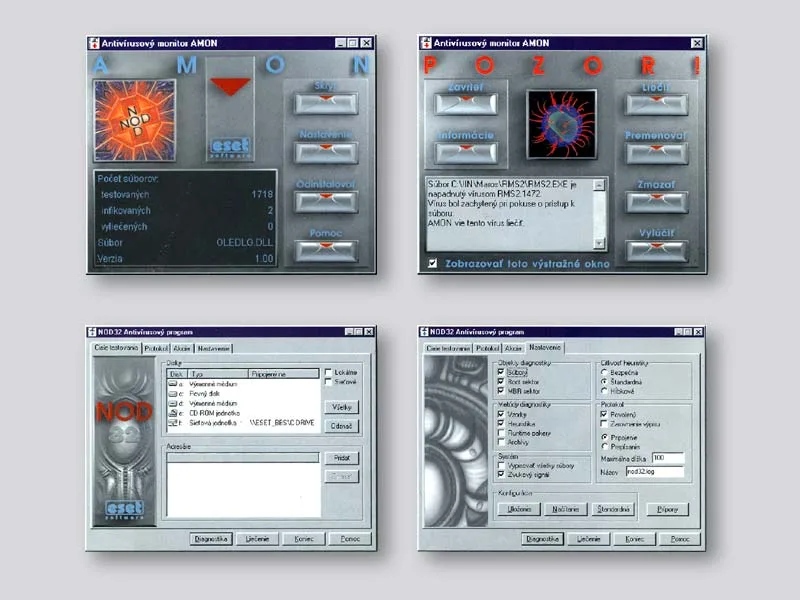 Cuatro capturas del antivirus bajo Windows 9x: el monitor «AMON», una alerta que dice «POZOR!» y la ventana de configuración de NOD32.