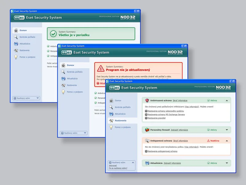 Tres capturas de «Eset Security System, Professional Edition»: la pantalla de estado, una alerta de programa desactualizado y el panel de configuración.