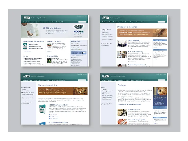 Cuatro capturas del sitio web de ESET a mediados de los años dos mil: portada, productos, pequeñas empresas y soporte.