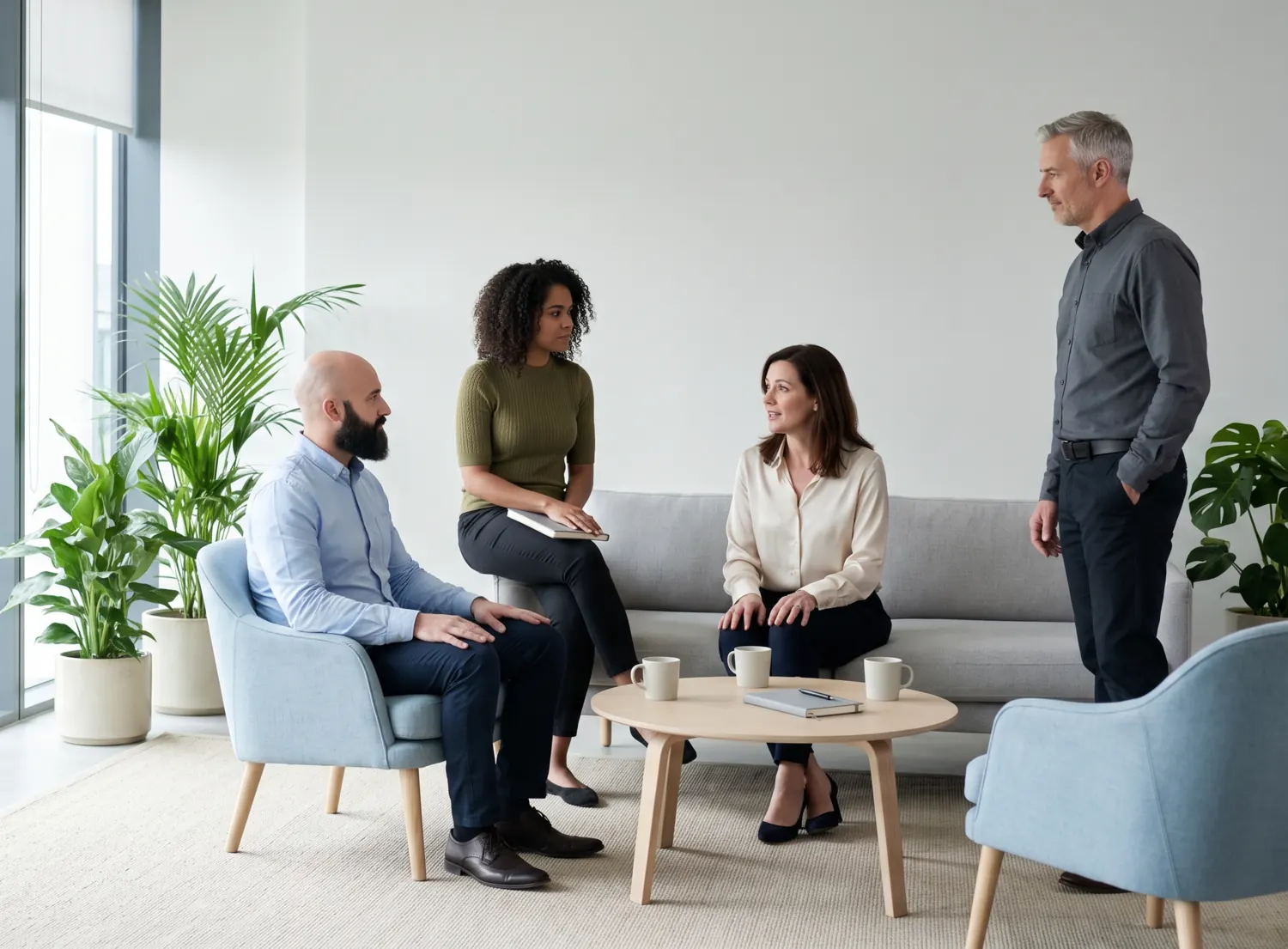 Cuatro personas del equipo de ColCiber conversando en una sala de reunión informal con luz natural.
